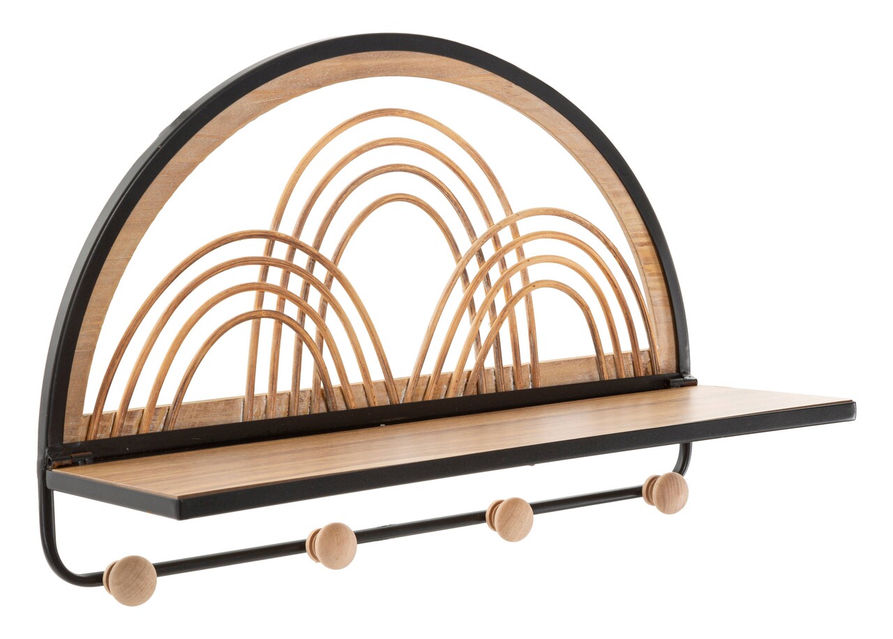 Raft de perete cu 4 agatatori Oporto, Mauro Ferretti, 46 x 15.5 x 30 cm, fier/ratan/brad, negru/maro - imagine 7